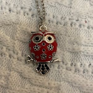 Enamal Red Owl Silver Toned Necklace